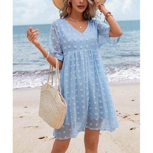 Blue Polka Dot Textured Empire-Waist Dress